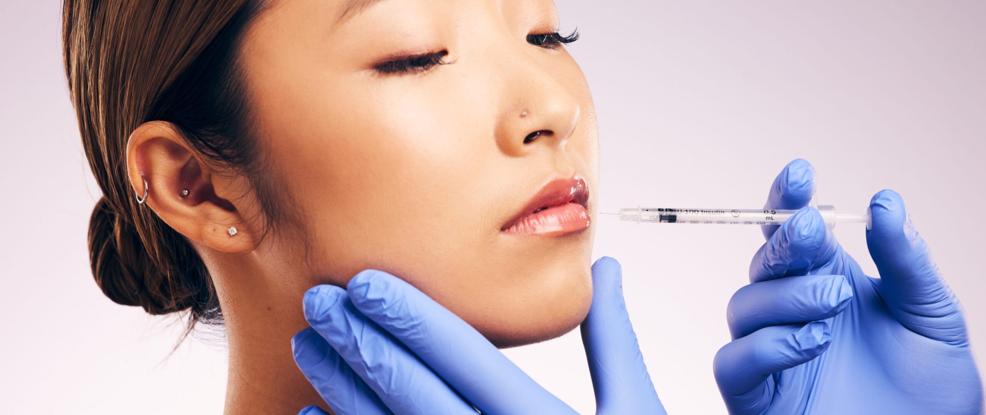 Lips injection, skincare and woman with plastic surgery in studio isolated on a white background. C.